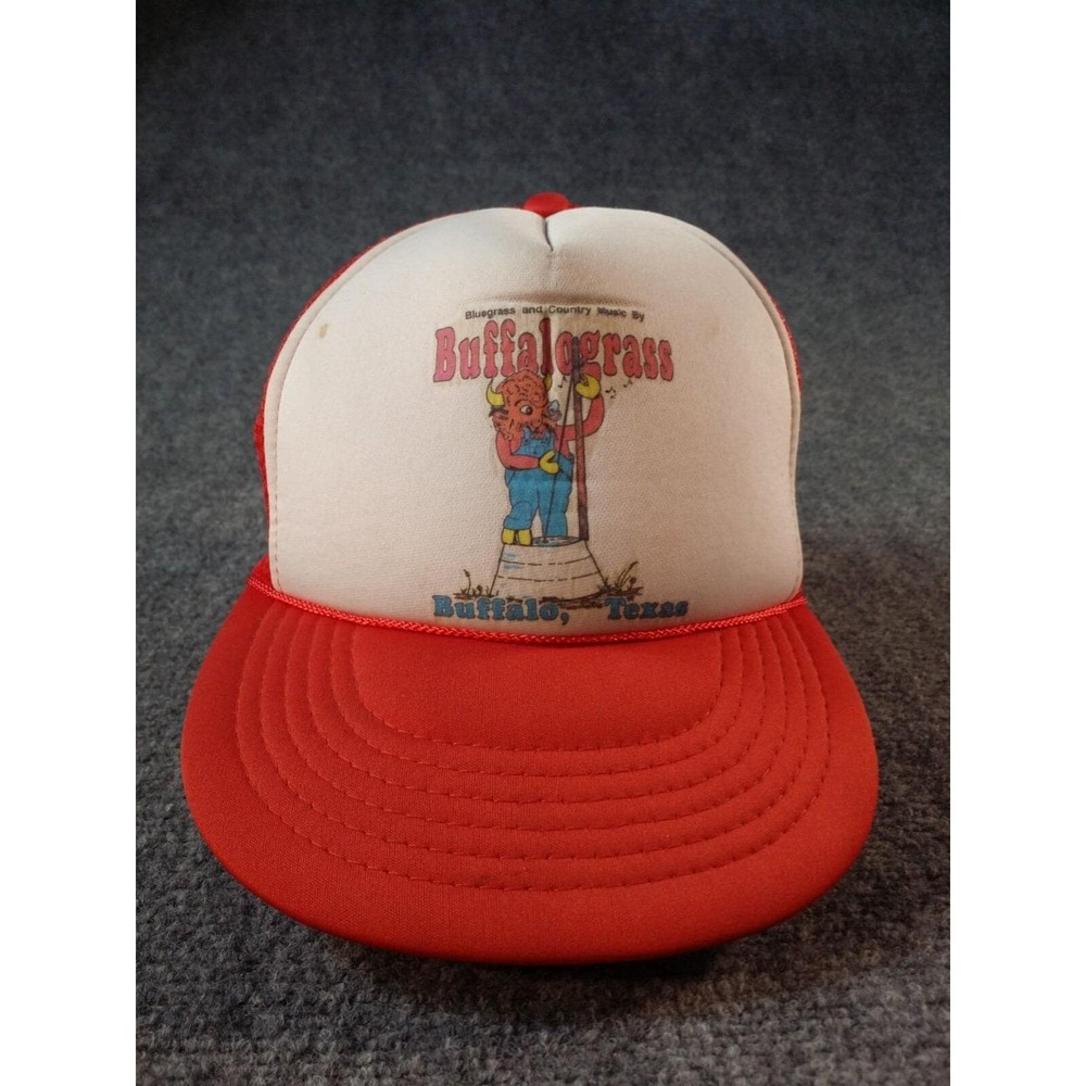 Vtg Buffalograss Trucker Hat Red White Buffalo TX Graphic Print Mesh Snapback